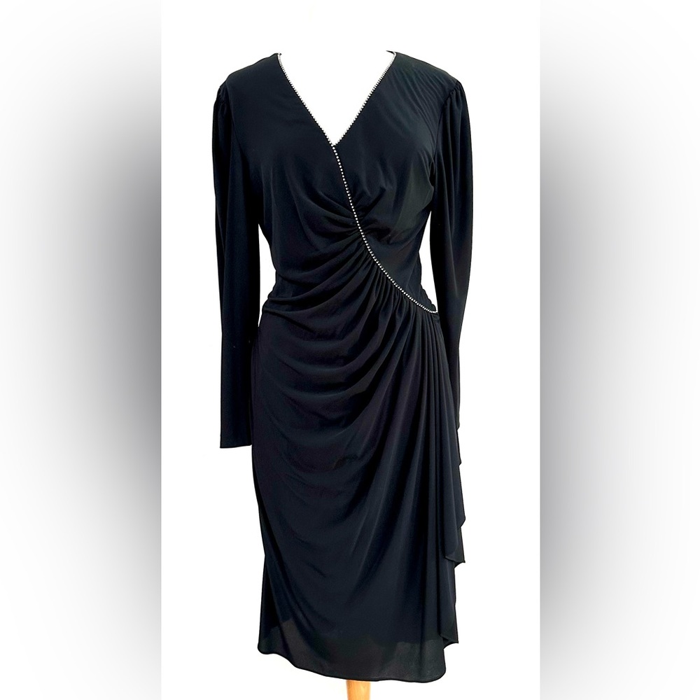 Vintage 80’s RIMINI Black Cocktail MIDI Dress w/ Rhinestones - Size 8 / 10